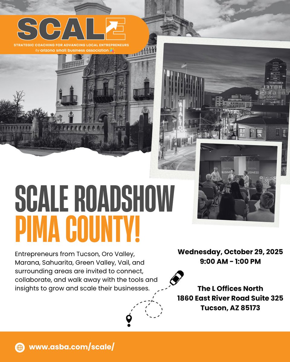 Join us for the SCALE Roadshow: Pima County Stop in Tucson, AZ, where we’ll bring hands-on workshops, expert coaching, and powerful networking opportunities to help your small business grow.
✅ Sharpen your strategy
✅ Get real tools for success
✅ Connect with fellow innovators