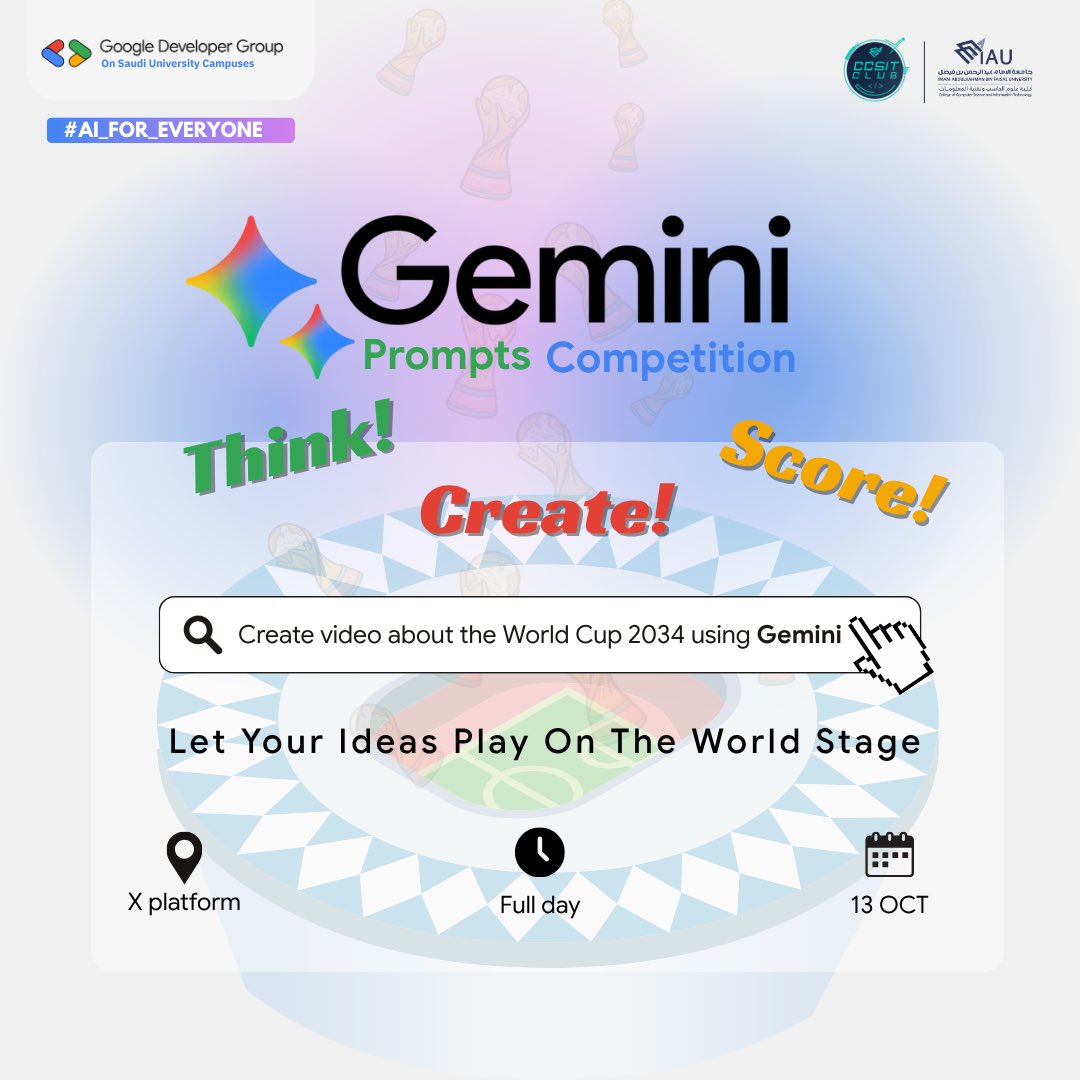 GDG_IAU's tweet photo. 🏆GEMINI PROMPTS COMTETION IS HERE!

Challange yourself to prompt the ultimate World Cup 2034 video using
Gemini!
Post your prompt using #GeminiWeek_CCSIT!

🗓️
From: Oct 12, 9:00pm
To: Oct 13, 9:00pm

#GDG #CCSIT_CLUBS #IAU_CCSIT #جامعة_الإمام_عبدالرحمن_بن_فيصل #AI_For_Everyone https://t.co/QI4RlVmfv9