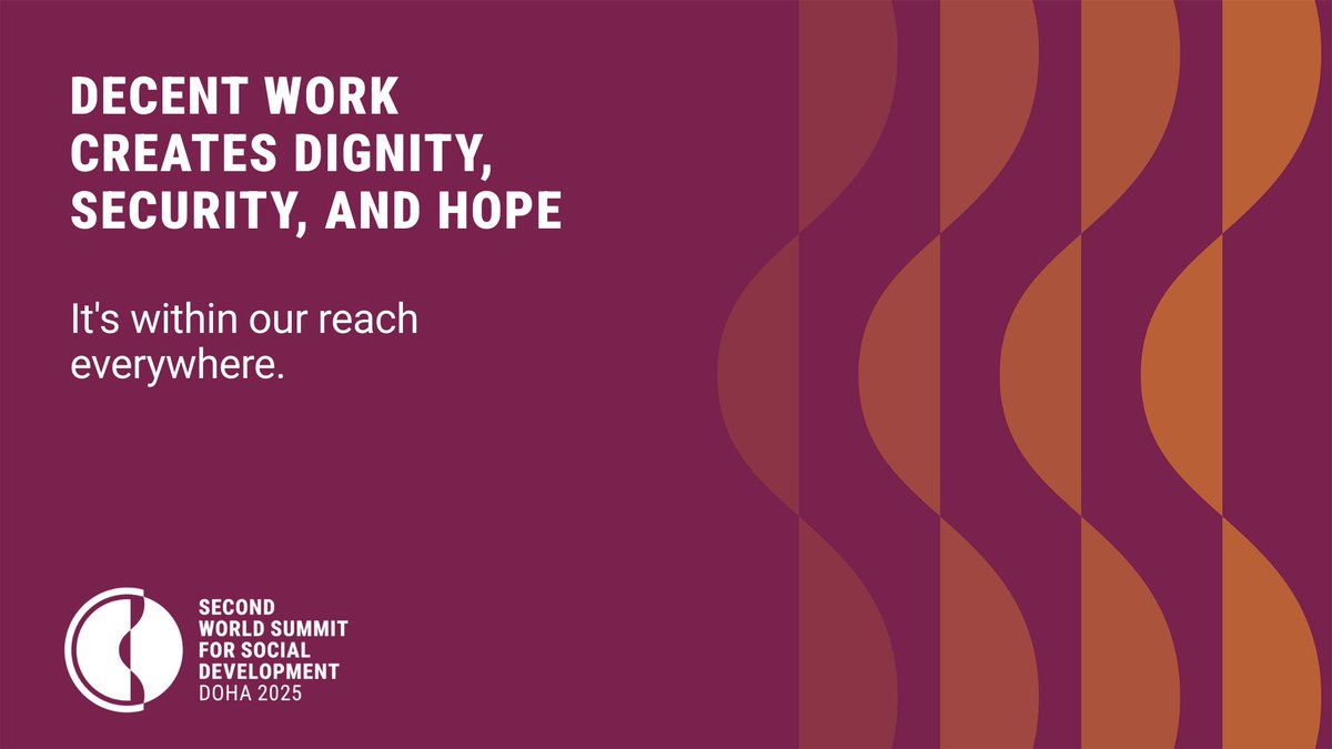 ilo's tweet photo. Multilateral cooperation remains essential to achieve #DecentWork for all. 

In Doha 🇶🇦 (4–6 Nov), the ILO will spotlight social protection and the importance of international labour standards. 

➡️ https://t.co/QOpB89joVt #SocialSummit2025 https://t.co/MIISIAu8Ou