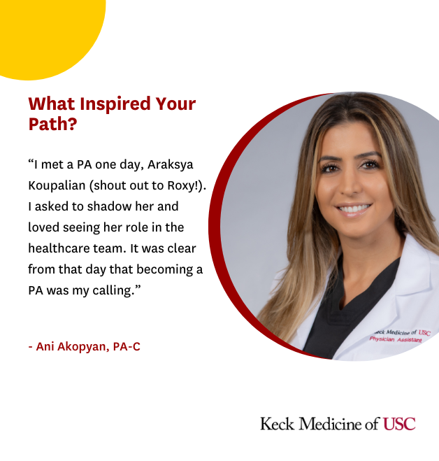 KeckMedicineUSC's tweet image. PA-C Ani Akopyan shares what inspired her journey in medicine. 💫 Here’s to all the PAs who care with dedication and heart! 🙌 #PAWeek #HealthcareHeroes