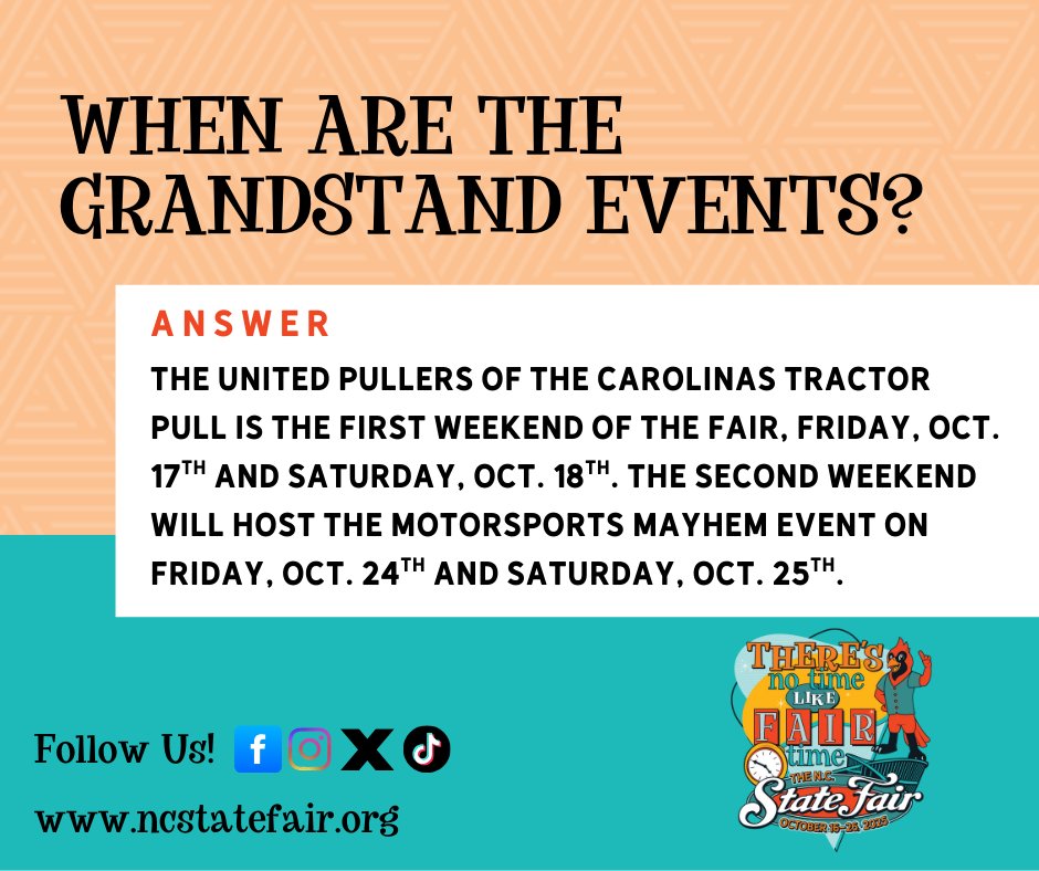 NCStateFair's tweet image. Don&apos;t miss the events in the Sam G. Rand Grandstand, presented by the @nclottery! 

Purchase tickets in advanced now through noon on Thursday or at the gate for each event. #FAQ #NoTimeLikeFairTime #NCStateFair
