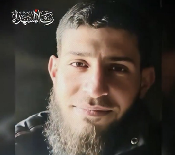First image shows a man wearing a blue press vest labeled PRESS over dark clothing standing in an outdoor urban area with beige walls and a blue sign nearby surrounded by several people in jackets and hats some wearing red caps in a busy street setting. Second image displays a portrait of a man with a beard and short hair against a black background with Arabic text overlay reading what appears to be a name or title in white script.