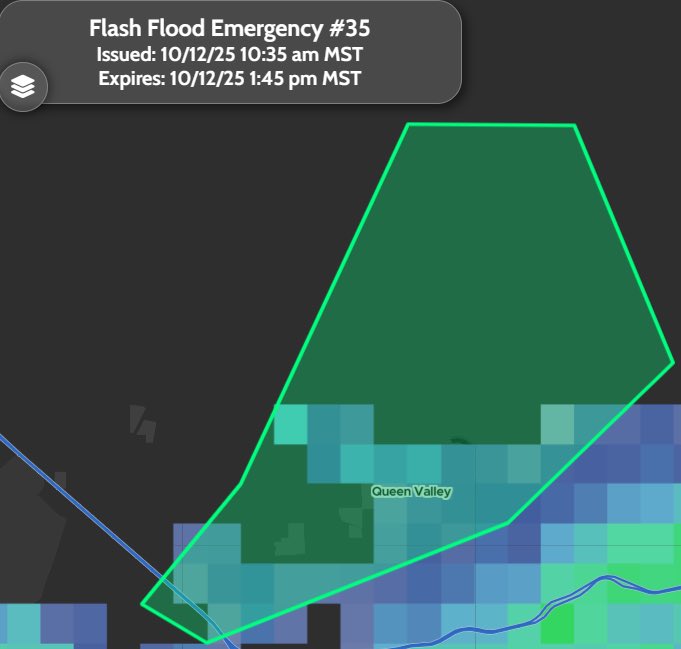 StormTrackingHQ's tweet image. #FlashFloodEmergency 035 has been issued for Queen Valley AZ until 1:45 pm MST  #wxtwitter #wxX #flashflood #flood #azwx 

Move immediately to higher ground 
Avoid walking or driving through flood waters

⚠️This is a Life Threatening Situation. Seek higher ground now!