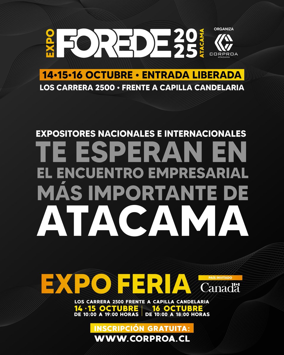 Visita EXPO FOREDE 2025 este 14, 15 y 16 de Octubre. Inscríbete de manera gratuita en corproa.cl.
#atacama #copiapo #expoforede