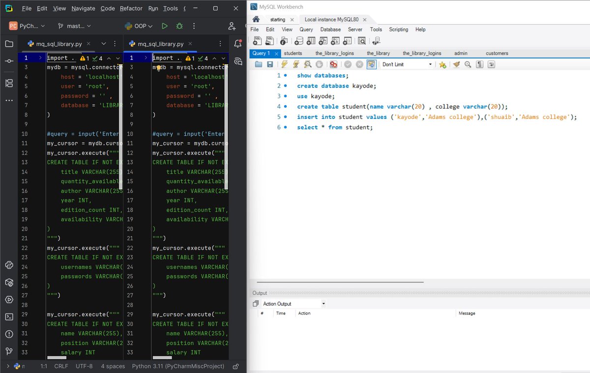 kayode_aki76318's tweet image. 🔥 Day 7 — Database Mode On!
Connected MySQL Workbench with my Python Library Management System today ⚙️
Created new tables, tested inserts &amp;amp; queries directly from Python and Workbench — everything synced perfectly ✅
Next: refine data 
#Day7 #Python #MySQL #BuildInPublic