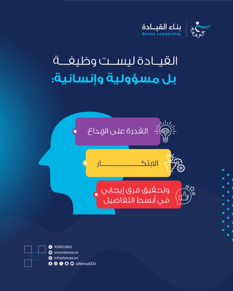 القيادة ليست وظيفة بل مسؤولية وإنسانية:

القدرة على الإبداع،

 الابتكار، 

وتحقيق فرق إيجابي في أبسط التفاصيل.

#بناء_القيادة