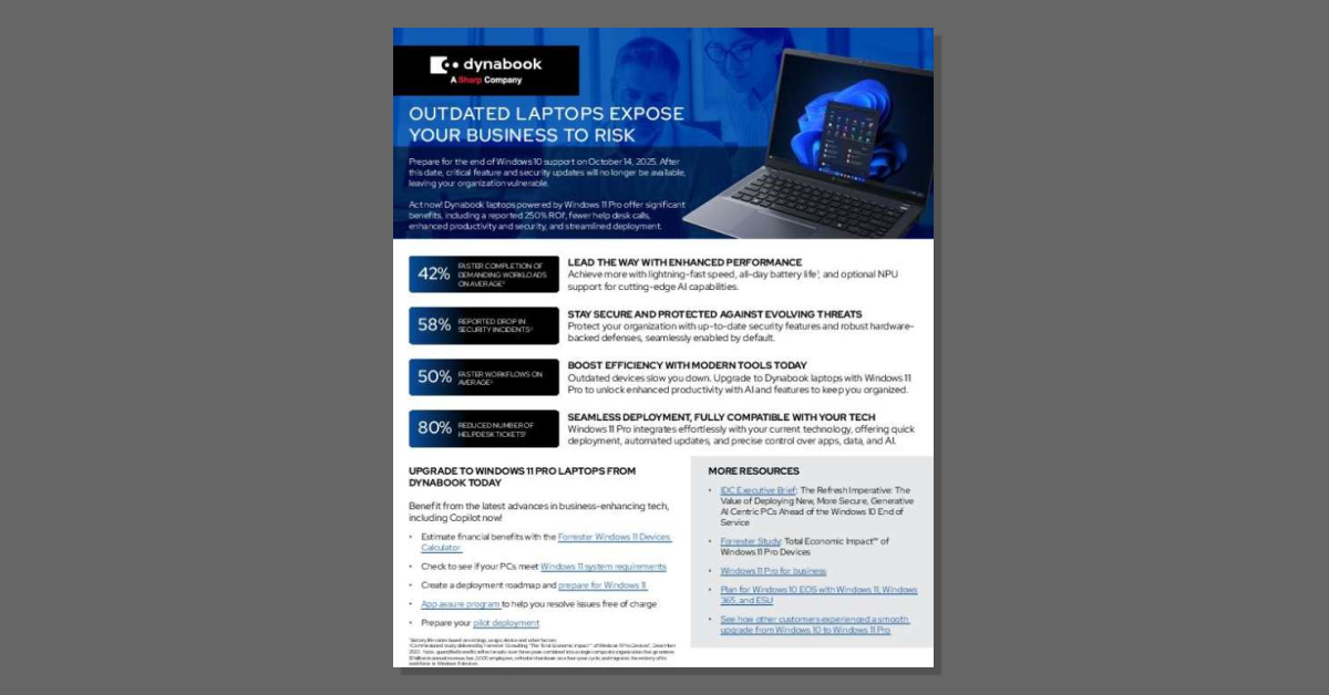 enterpriseti's tweet image. Outdated laptops = growing risk. ⏳ Don&apos;t let old hardware and Windows 10 EOS put your business at risk. Download the brief to see why Dynabook with #Windows11Pro is the smarter choice. @dynabookusa #SmallBusinessTech stuf.in/bh9qpe