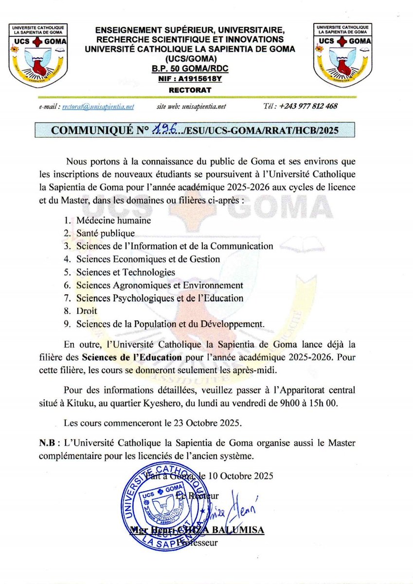 Les inscriptions continuent à l'<a href="/UCS_Goma/">UCS-Goma</a>

Pour plus de détails, les modalités d’inscription sur unisapientia.net et remplissez votre dossier en ligne dès aujourd’hui. 🌐

🎓 Ne tardez pas ! Les places sont limitées !