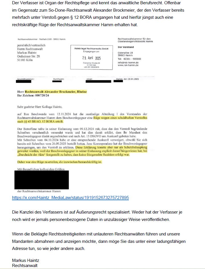 Der unlautere So-Done-Abmahnanwalt Brockmeier, der auch Strack-Zimmermann, Habeck und Kiesewetter vertritt, spekuliert gegenüber dem Amtsgericht München, dass die Gefahr bestünde, dass ich die Adresse seiner Mandantschaft veröffentlichen könnte, die unter einer c/o-Adresse
