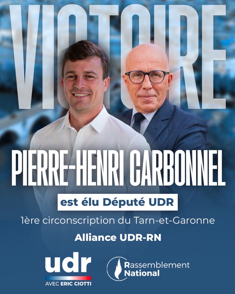 Magnifique victoire de Pierre-Henri Carbonnel dans le Tarn-et-Garonne contre la gauche ! 

Victoire de l’alliance UDR-RN et de mon amie <a href="/BrigitteBareges/">Brigitte Barèges</a>. Un tel résultat traduit l’avènement de l’union du peuple de droite dans le pays. 

L’alternance approche ! 🇫🇷