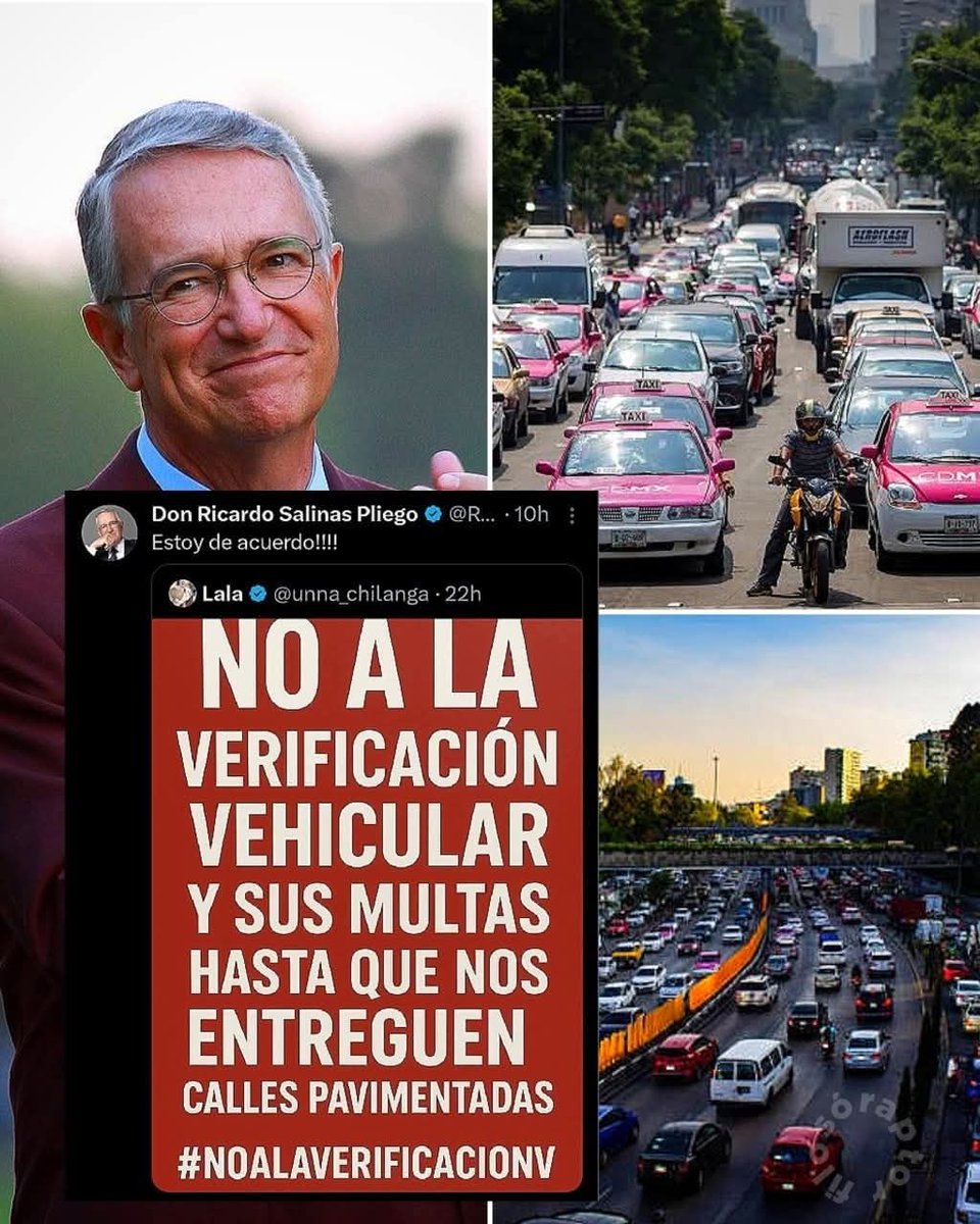 Buenas tardes tío Richie <a href="/RicardoBSalinas/">Don Ricardo Salinas Pliego</a>, estoy de acuerdo con su idea de no pagar verificación hasta que haya calles pavimentadas.

Solo que las calles no se pavimentan solas, así que le encargo que pague lo que debe de impuestos para que las arreglen.
