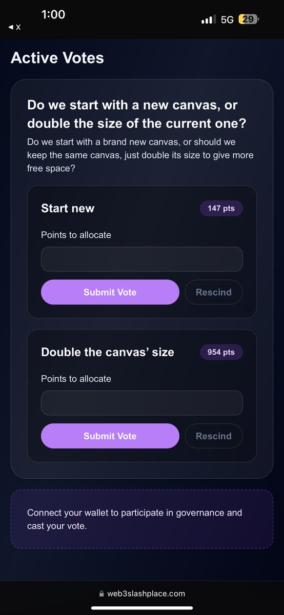 Web3SlashPlace's tweet image. Grand Rising Placers☀️

The first Placers DAO Vote now has over 1,100 votes! 🗳️ 

Few things to note:

Our dev is returning Monday to add Joey wallet Integration ✅

Bugs will get fixed on Monday for those having voting issues ✅

Vote Below👇

web3slashplace.com/dao