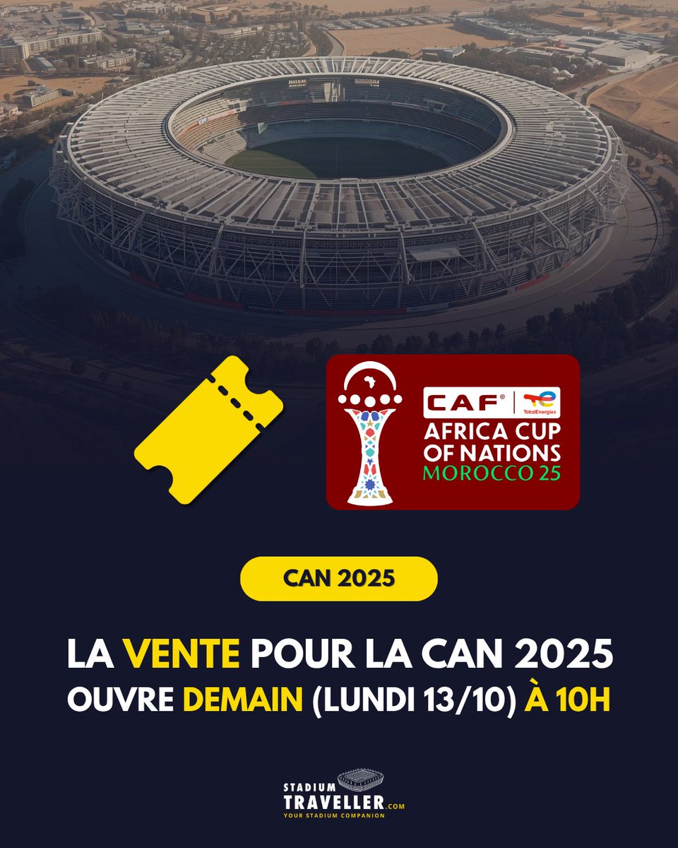 Stadium_Tr's tweet photo. 🎟🏆 𝐋𝐚 𝐯𝐞𝐧𝐭𝐞 𝐝𝐞 𝐭𝐢𝐜𝐤𝐞𝐭𝐬 𝐩𝐨𝐮𝐫 𝐥𝐚 𝐂𝐀𝐍 𝟐𝟎𝟐𝟓 𝐨𝐮𝐯𝐫𝐞 𝐝𝐞𝐦𝐚𝐢𝐧 (𝐥𝐮𝐧𝐝𝐢 𝟏𝟑/𝟏𝟎) 𝐚̀ 𝟏𝟎𝐡 ! ✅️

La vente ouvrira à 10h (heure française) sur le site tickets .cafonline .com (sans les espaces).

🔓 La vente sera d'abord réservée aux paiements Visa, puis tous les autres moyens de paiement à partir du mercredi 15/10 à 10h.

⚠️ Pour acheter des billets il est obligatoire d'avoir un Fan ID (un compte valide). Voici les étapes pour l'avoir :
1️⃣ Télécharger l'application "YALLA" (app de l'évènement).
2️⃣ Faire une demande de Fan ID (il faut vérifier son compte avec son passeport).
3️⃣ En cas de difficultés vous pouvez télécharger l'application "Mon e-ID" de DGSN Maroc (l'application utilisée pour vérifier l'identité) pour faciliter la vérification.
4️⃣ Accéder à la vente le lundi 13/10 à 10h sur le site.

30% des tickets sont en vente pour cette 1ère phase.

#CAN2025 #totalenergiesafcon2025