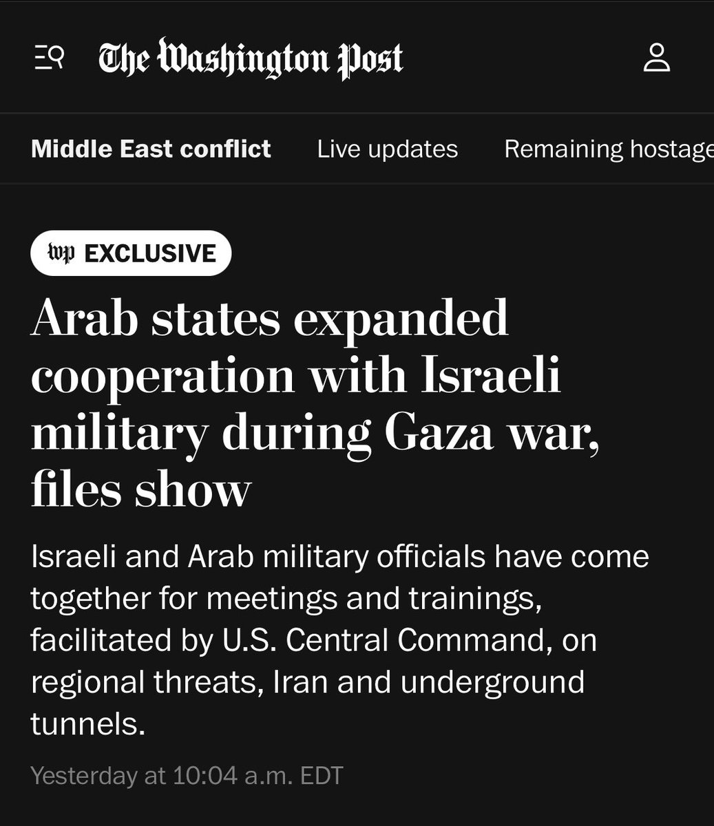 Maruwanjb's tweet image. البارح الواشنطن بوست نشرت تقرير استقصائي بعنوان:
Arab states expanded cooperation with Israeli military during Gaza war
في التقرير يذكر إن" 6 دول عربيّة وسّعت تعاونها مع الكيان رغم الحرب اللي صايره في غزّة وهم: السعودية، مصر، قطر، الأردن، الإمارات، البحرين" بالاضافة إخطار الكويت…
