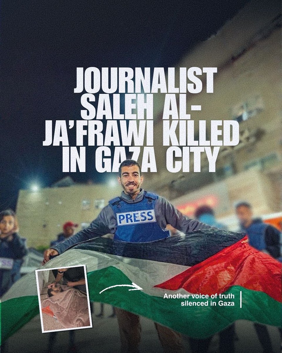 EyeonPalestine's tweet image. Journalist Saleh Al-Ja&apos;frawi has reportedly been killed in the Al-Sabra neighborhood of Gaza City.
He was known for documenting Gaza&apos;s pain and resilience through his powerful visuals and words - a voice of truth in one of the world&apos;s most dangerous places for journalists.