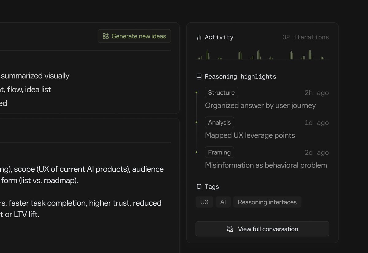 ai chat is great for ideas
but terrible for structure.

i'm working on a system that turns long chats into clean artefacts - reasoning, timeline, insights, all in one place.