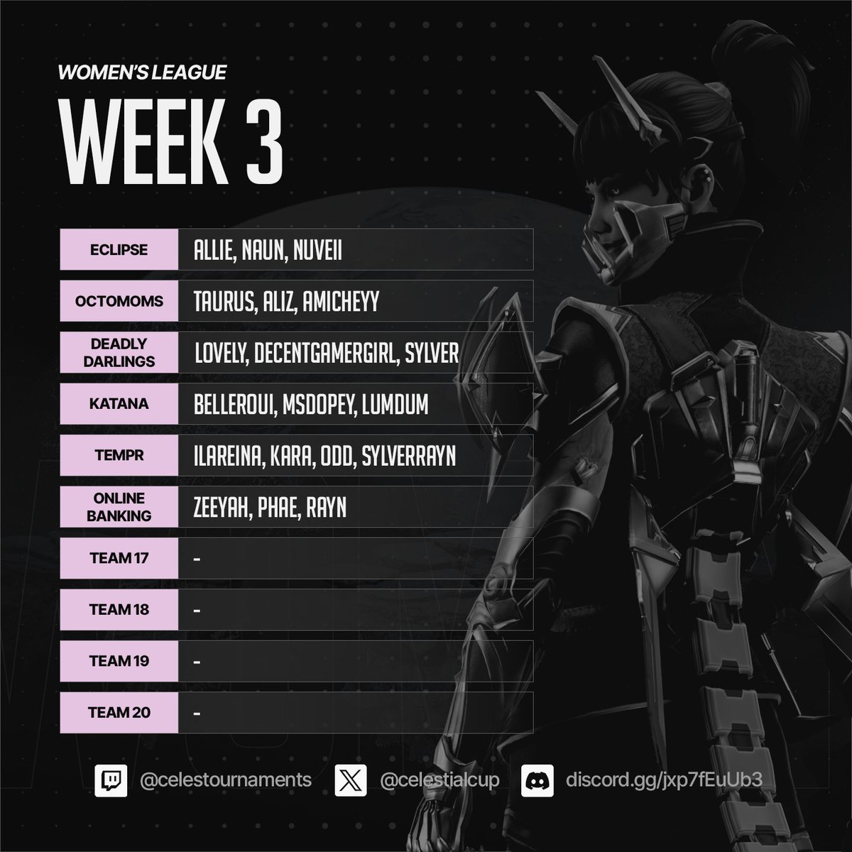🌙 Luna League Returns Tonight! 🌙

Some of your favorite squads are returning — and a few new faces are stepping in to shake things up 👀

Join the Discord to stay up to date with all things Women's League!