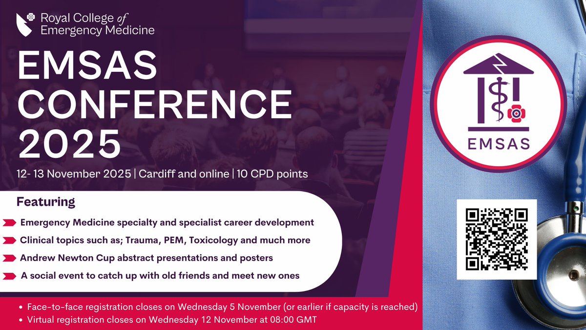 RCollEM's tweet image. 📅 Join us this November for the @EMSAS_RCEM Conference 2025!
Attend both days and earn 10 CPD points while enjoying insightful sessions on:
- Trauma
- Paediatric Emergency Medicine
- College Updates
🎟️ Register now: rcem.ac.uk/face-to-face-e…