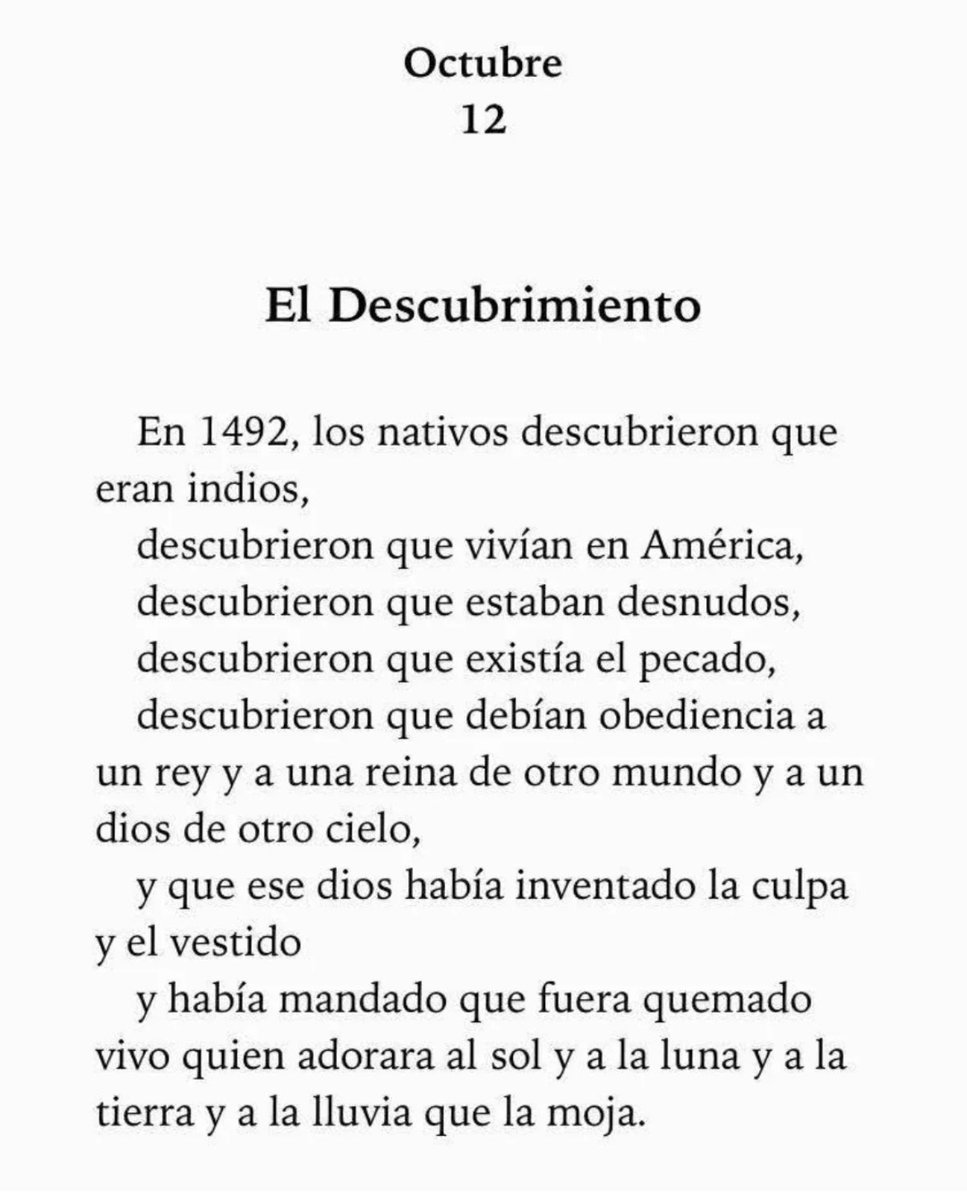 arlinmedrano_'s tweet photo. El 12 de Octubre no es un hecho histórico es un proyecto vigente, por eso Palestina no es allá lejos, es el reflejo del genocidio que comparte nuestra historia.

Ningún día de la hispanidad, ni de la raza, ni de la diversidad cultural. Es el día en que empieza el genocidio sobre los pueblos originarios de Latinoamérica, es el día que empieza el colonialismo de potencias extranjeras sobre la región que llega hasta el día de hoy y que nunca termino.

El texto es de Eduardo Galeano, del libro "El hijo de los días"