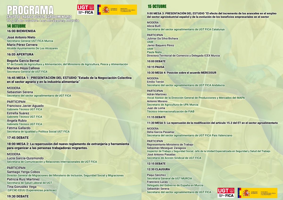 🟠 Esta semana se celebra la reunión del Grupo de Trabajo del Sector Agroalimentario de UGT FICA que contará con la participación de delegados y delegadas de #CyL
➡️ El encuentro está previsto para el 14 y 15 de octubre en Los Alcázares (Murcia)
x.com/UGT_FICA/statu…