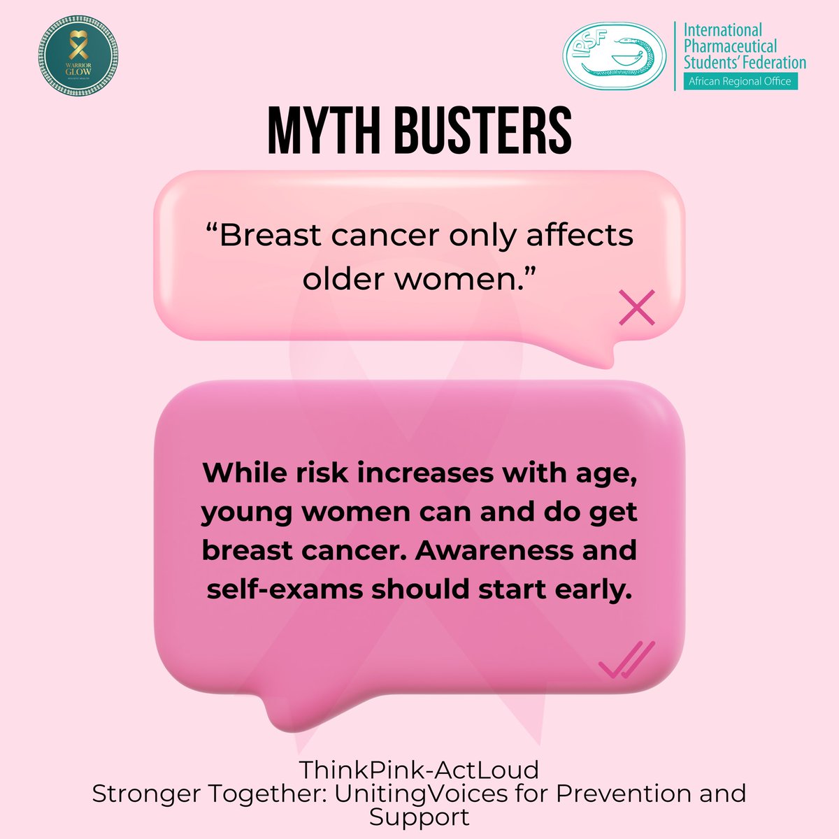 IPSFAfRO's tweet photo. Day 7/7: Debunking Myths Around Breast Cancer ๐
Fact: While risk increases with age, young women can and do get breast cancer. ๐
Awareness and self-exams should start early, early detection saves lives! ๐ธ
#WarriorGlow #IPSFAfRO #BreastCancerAwarenessMonth #ThinkPinkActLoud https://t.co/0peWyZnId9