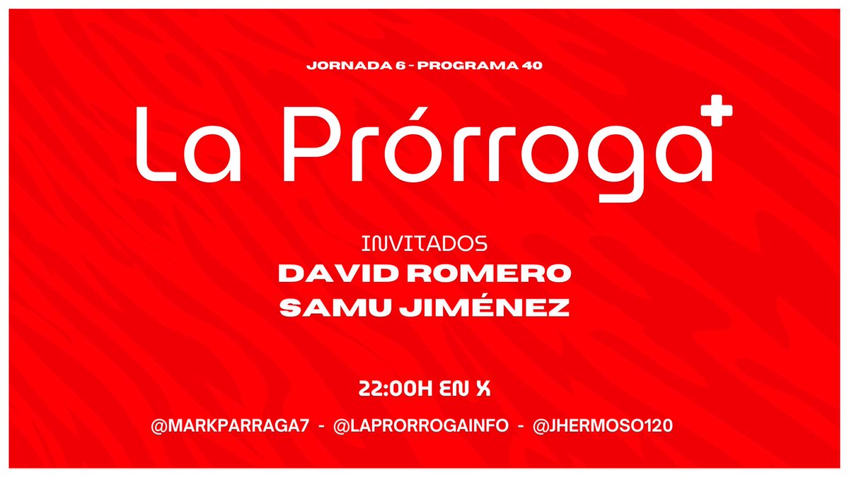 Nos vemos esta noche para un nuevo programa con <a href="/David_RC98/">David Romero</a> y <a href="/Samujimenezz/">Samuel Jimenez Gavilán</a> 💣💥

🎙️ Como siempre a los mandos <a href="/Jhermoso120/">JαviResu.</a> y <a href="/markparraga7/">Marcos Párraga</a>