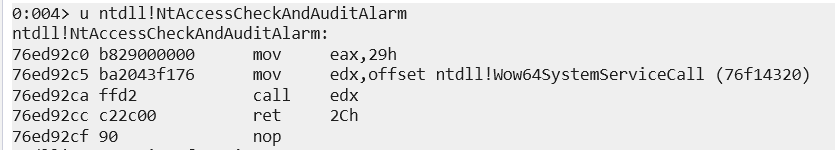 Afternoon all!

Just putting together an egg hunter which will find our shellcode stored elsewhere in memory and execute it. It abuses NtAccessCheckAndAuditAlarm to cycle through the processes virtual address space. Only thing is the syscalls for windows changes with every major