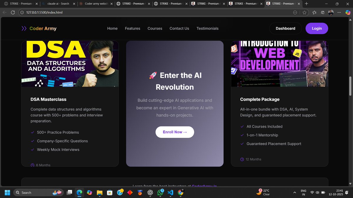Amitpat58705298's tweet image. Just finished a pure HTML & CSS project on CoderArmy!
Clean, modern, responsive—learning by doing! 🚀
link-…derarmycsshackathonbyamit.netlify.app
#Coding #FrontendDevelopment #WebDesign #CoderArmy #HTML #CSS
