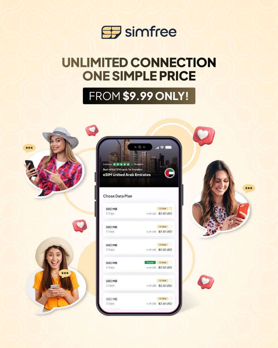 SimfreeOfficial's tweet image. The best tour package isn’t just about flights and hotels - it’s about staying connected wherever you go.
With Simfree eSIM, you get:
Best Data Pack at the best rate - available on Simfree!
#Simfree #eSIM #TravelPackage #StayConnectedAnywhere #TravelWithoutLimits #NoRoaming