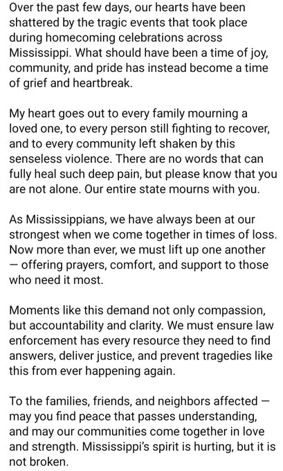 Justin James - I have issued a statement regarding the tragic homecoming events in Mississippi. https://t.co/B5PBKCFzNI