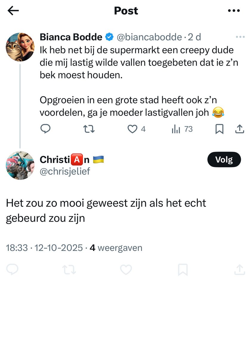 Waarom zou ik zoiets in vredesnaam verzinnen? Zo’n reactie kan alleen maar komen van iemand die geen vrouw is en die nooit in een grote stad komt. Wie mij ook nog eens beetje kent, weet sowieso dat ik zo’n reactie geef aan lastigvallende kneuzen 😉

Fun fact: dit was tot vlak