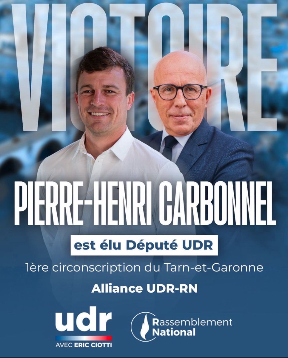 👏🏻Félicitations à Pierre-Henri Carbonnel pour cette très belle victoire, élu député du Tarn-et-Garonne !! 

Une victoire pour l’union nationale. 
Une victoire synonyme d’espérance pour la France.

🇫🇷Tenez-bon, l’alternance que porte l’alliance UDR-RN pour notre pays approche !