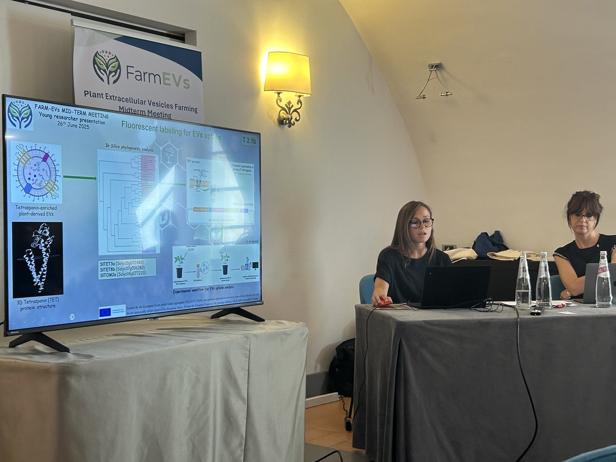 FarmEVs's tweet photo. Dr. Wilma Sabetta and Dr. Valeria D'Aniello from CNR Bari presenting fluorescent labelling for EV's at #FarmEVs midterm meeting. https://t.co/CHMFGVvz9H