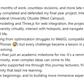 FrancisAwulor's tweet image. Bonjour everyone!!,
I finally completed and defended my final year project
(Sep 22, 2025)
🌍 An Interactive 3D Virtual Tour of the Federal University Otuoke (West Campus).
Dieu Merci !⚡️
test the app: fuowestcampv8.netlify.app
#ThreeJS #Blender3D #3DWeb #VirtualTour #fuo #otuoke