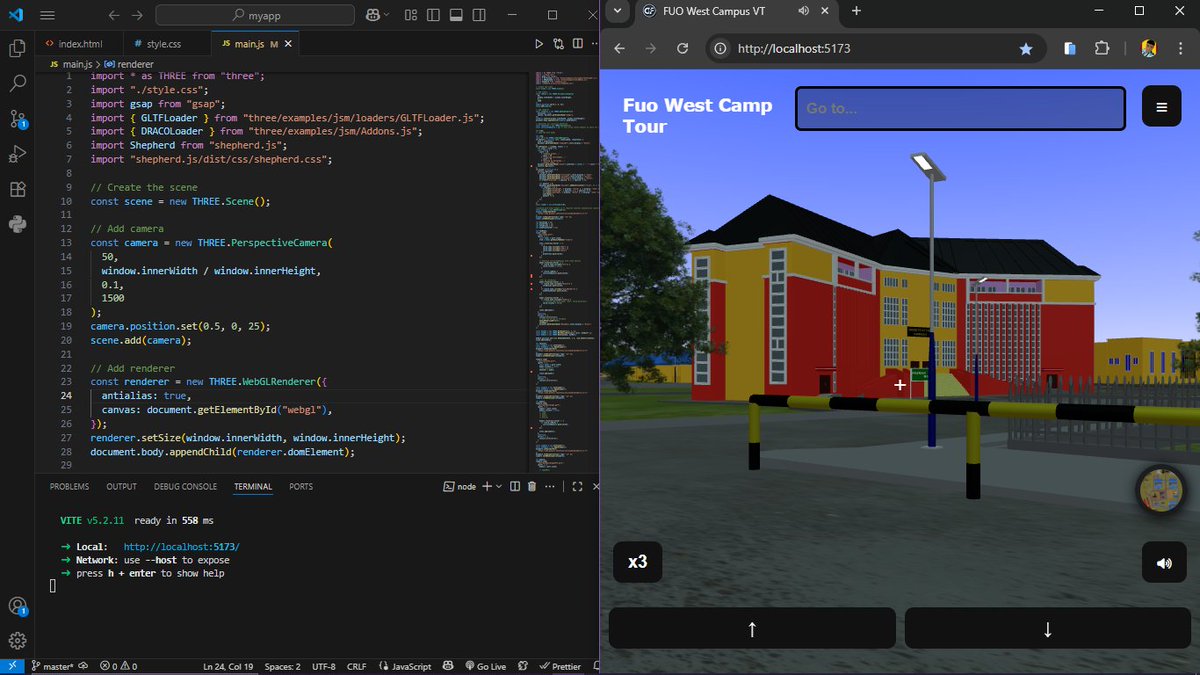 FrancisAwulor's tweet image. Bonjour everyone!!,
I finally completed and defended my final year project
(Sep 22, 2025)
🌍 An Interactive 3D Virtual Tour of the Federal University Otuoke (West Campus).
Dieu Merci !⚡️
test the app: fuowestcampv8.netlify.app
#ThreeJS #Blender3D #3DWeb #VirtualTour #fuo #otuoke