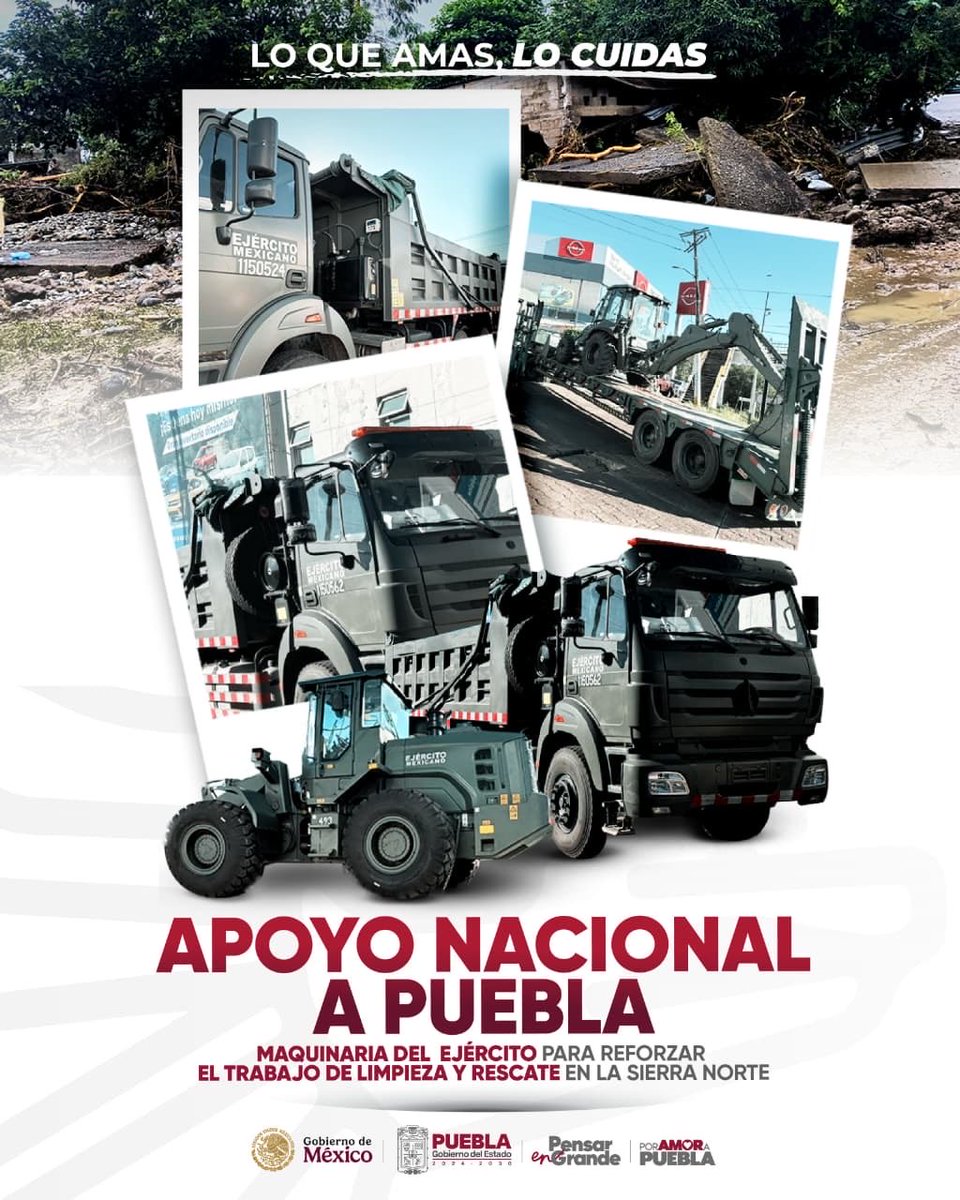 Gracias al apoyo de la presidenta <a href="/Claudiashein/">Claudia Sheinbaum Pardo</a> y a la coordinación con <a href="/Defensamx1/">@Defensamx</a> y la <a href="/GN_MEXICO_/">Guardia Nacional</a>, reforzamos las labores de limpieza y rescate en la Sierra Norte. 

Con el liderazgo de <a href="/armentapuebla_/">Alejandro Armenta</a>, trabajamos sin descanso para restablecer caminos, proteger a las familias