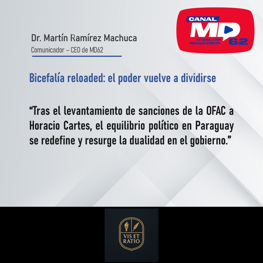 ⚖️ “Bicefalía reloaded”: el poder vuelve a dividirse.

Cartes recupera protagonismo tras la decisión de la OFAC, y el gobierno de Peña reconfigura su equilibrio interno.

👉 canalmd62.com

#MD62 #Política #Paraguay