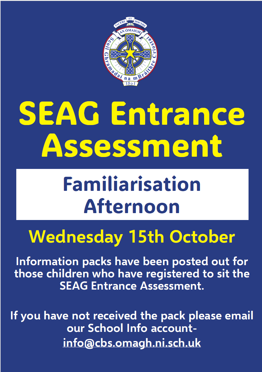 cbsomagh's tweet image. 📢 Reminder: SEAG Familiarisation Afternoon is this Wed 15th Oct!
Info packs have been posted to all registered pupils.
❗Haven’t received yours? Email info@cbs.omagh.ni.sch.uk
#SEAG #CBSOmagh #EntranceAssessment