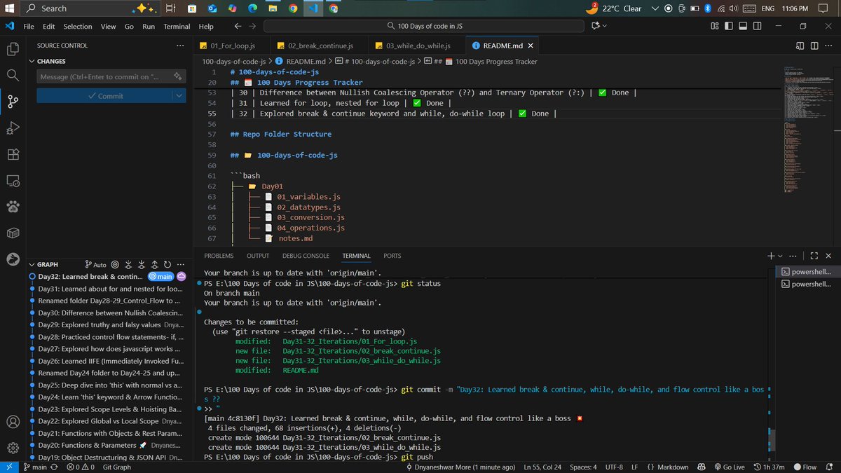 Coder_dnano's tweet image. Day 32 / #100DaysOfCode 
Day 3 / 25 #MasterjiChallenge  by @ChaiCodeHQ and @Hiteshdotcom  ✅

JavaScript ne ab mujhe “permanent resident” declare kar diya hai 💻😆
Har din ek naya syntax, ek naya twist — aur ek aur “aha!” moment 🔥

Repo📂: github.com/dnano-more/100…
#JavaScript