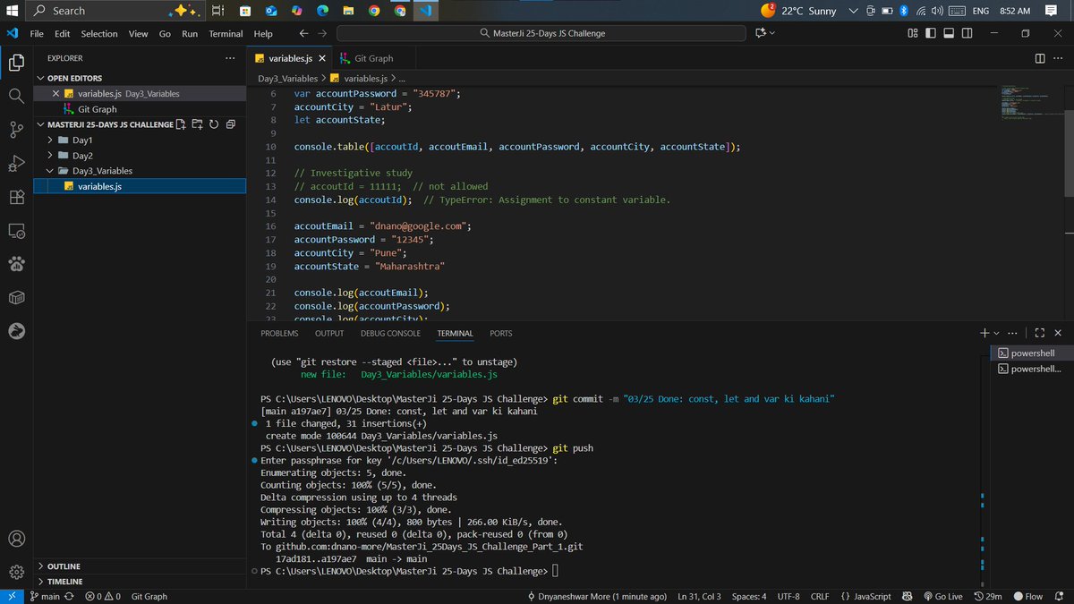 Coder_dnano's tweet image. Day 32 / #100DaysOfCode 
Day 3 / 25 #MasterjiChallenge  by @ChaiCodeHQ and @Hiteshdotcom  ✅

JavaScript ne ab mujhe “permanent resident” declare kar diya hai 💻😆
Har din ek naya syntax, ek naya twist — aur ek aur “aha!” moment 🔥

Repo📂: github.com/dnano-more/100…
#JavaScript