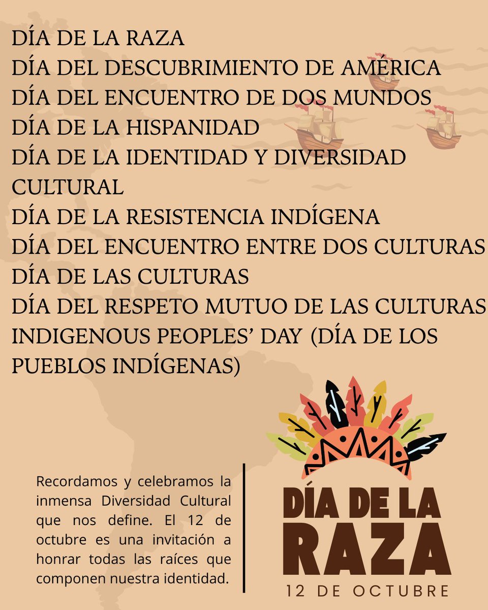 Hoy recordamos y celebramos la inmensa Diversidad Cultural que nos define. El 12 de octubre es una invitación a honrar todas las raíces que componen nuestra identidad. ¿Cómo se conoce este día en tu país? 
#DiadelaHispanidad #DiaDeLaRaza