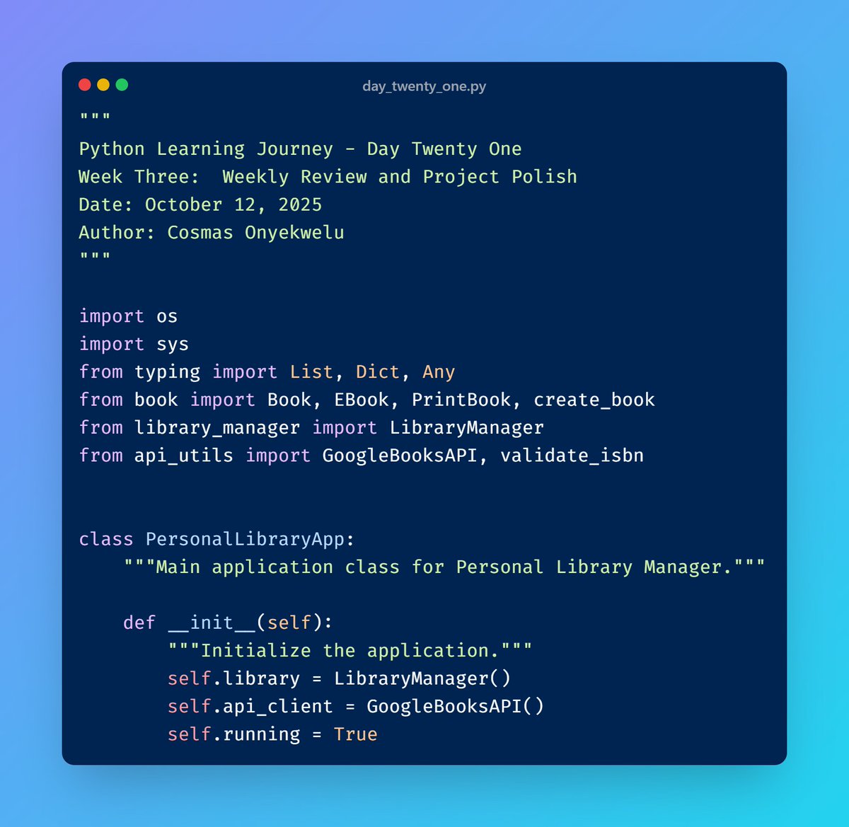 CosmasOnyekwelu's tweet image. Day 21/100: Python Week 3.  I wrapped up Week 3 of my #Python Learning Journey with a Personal Library Manager: a complete OOP-based system with data persistence &amp;amp; API integration.

 #CodingJourney #100DaysOfCode #OOP #PythonDev #LearnToCode #PythonProjects #BuildingInPublic