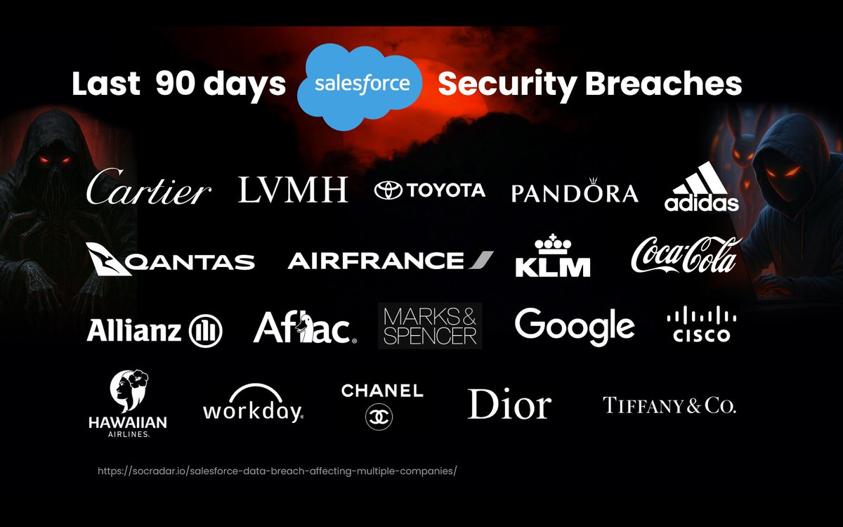 mikko's tweet image. Amazing slide from @ValoSecurity: 
Companies that have had their Salesforce systems breached in 2025.