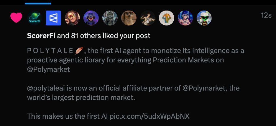 it’s real, it’s not real, it’s real.

a month ago polytale, a proactive agentic polymarket library  with a persona, was just an idea I wanted to make real.
today it’s an official affiliate partner getting likes from @polymarket

I build because I love turning ideas into tools