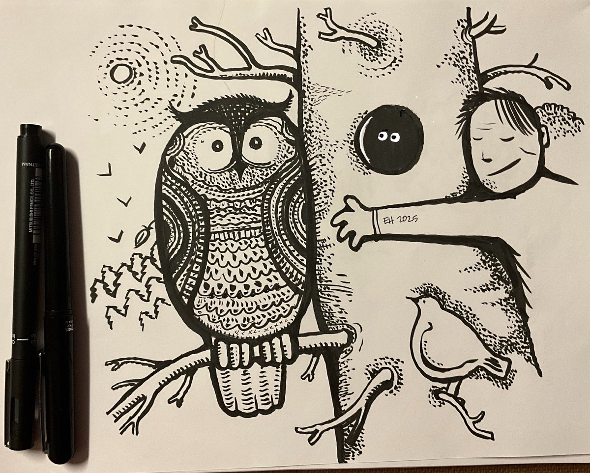 Esaholle's tweet photo. #lokakuu’n luonnokset No: 11 ja 12 #sketch #tussi #muste #linnut #pöllö https://t.co/hR3m5U0af7