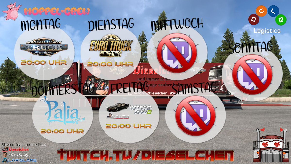 Das_Dieselchen's tweet photo. Hi ihr Lieben ❤️
Streamplan KW42/25
Mo. 20.00 #AmericanTruckSimulator
Di. 20.00 #EuroTruckSimulator2
Do. 20.00 #Palia
Fr. 20.00 #KnightRider #KITT & #FarmingSimulator25
https://t.co/gazK9vDgy8
#Truckerliebe #MoppelCrew #TwitchDE #TwitchTV #GermanStreamer #Twitch #Schedule https://t.co/19uFFgXBFD