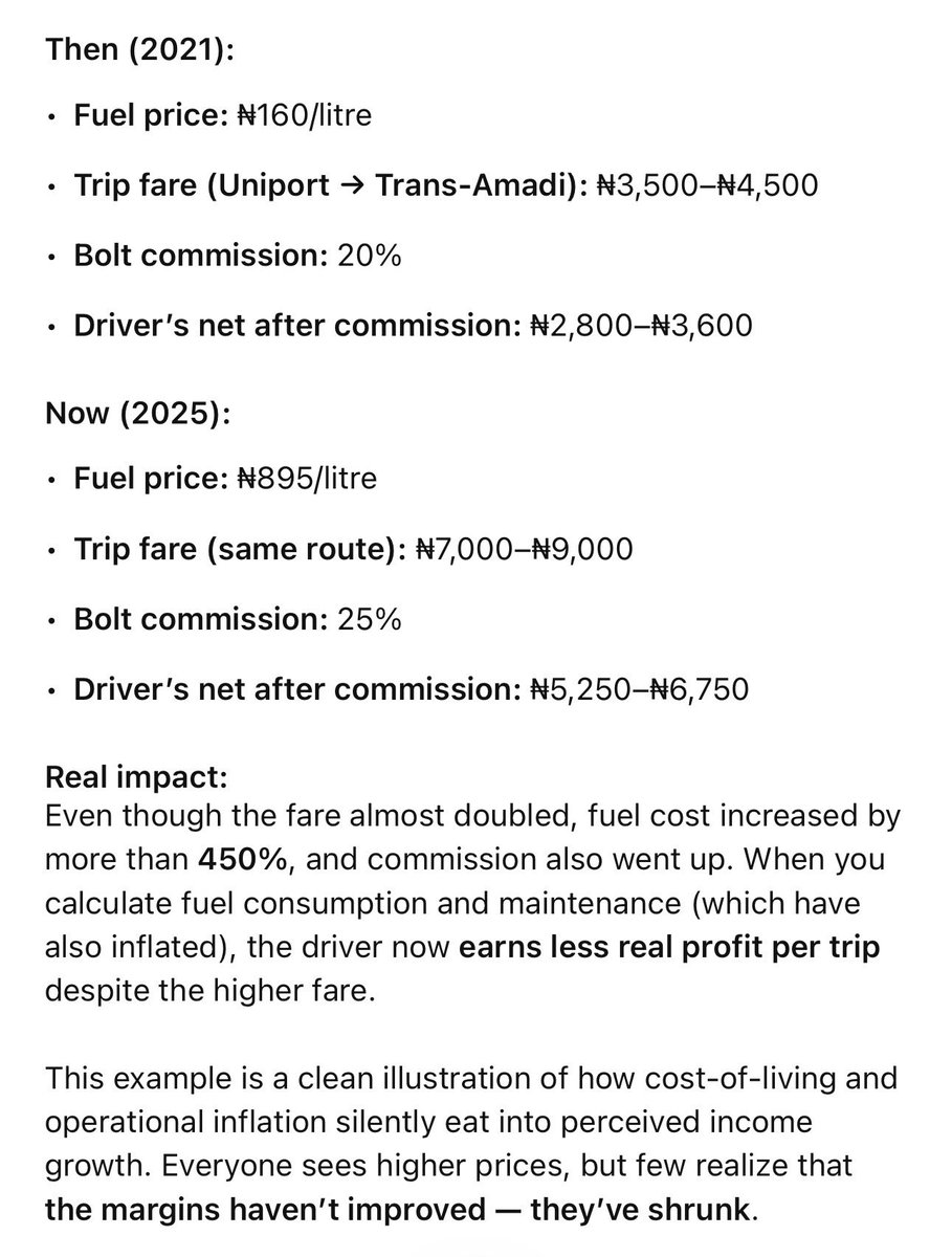 ade2olambo's tweet photo. @Valodell32699 @ChuksEricE Everyone is coming from a place of experience, in 2021 i was a driver and a trip from uniport to trans-amadi usually goes fr like 3500-4500 approx. (fuel was 160something). Now its 7000-9000 (fuel is 895) and now commission is 25%. I believe you can do the maths https://t.co/eEWne0jl9t
