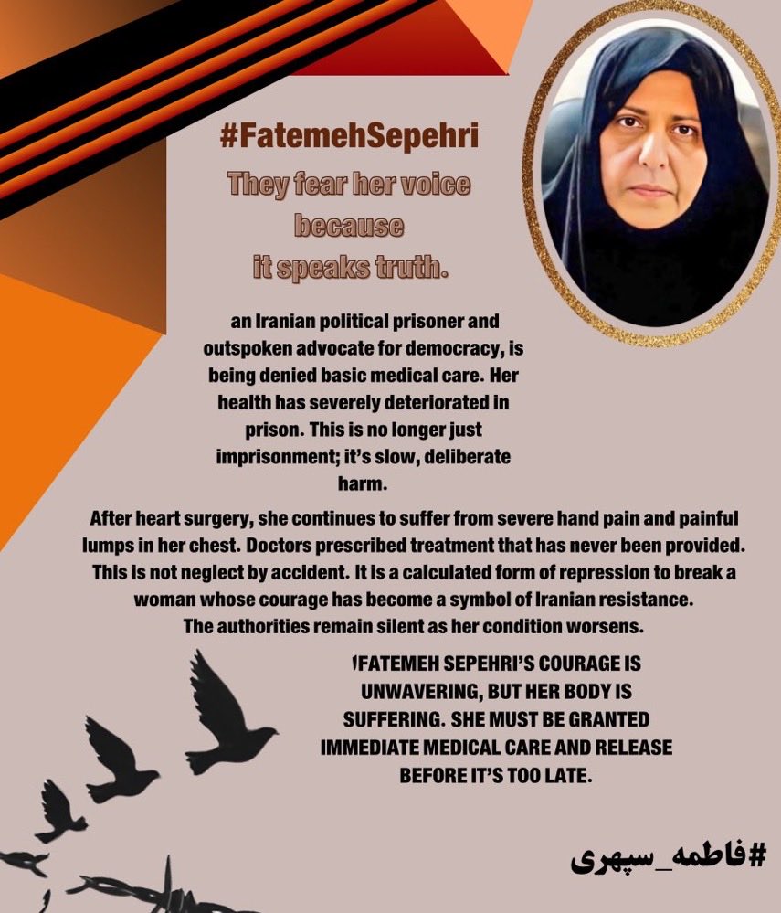 #FatemehSepehri ist eine Frau, deren Geist nicht gebrochen wird.
Mit schmerzenden, brennenden Händen steht sie dennoch stark für die Freiheit.
Eine Regierung, die Angst vor ihrer Stimme hat, verweigert ihr sogar die Behandlung.
👉 Seien Sie ihre Stimme.
#فاطمه_سپهری
<a href="/amnesty/">Amnesty International</a>