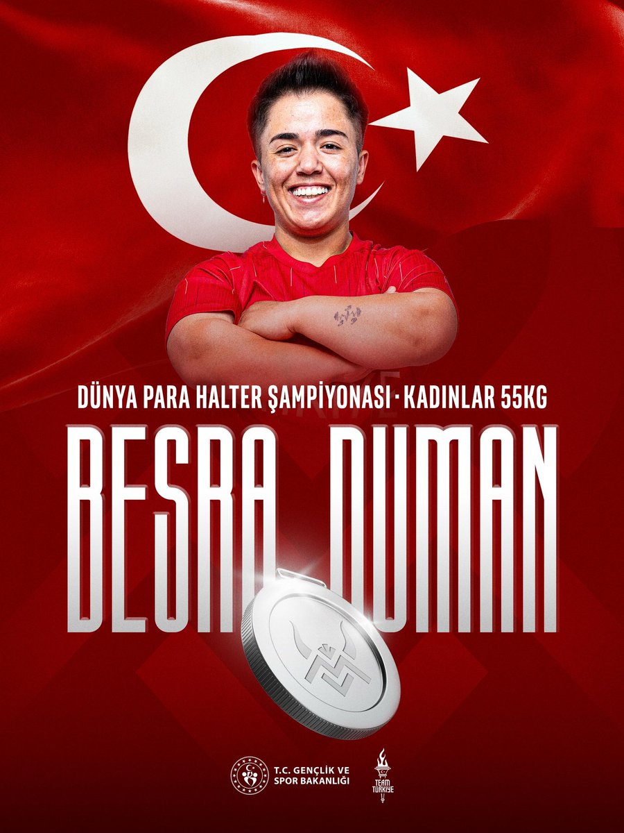 🥈Besra Duman Dünya İkincisi!

💫Mısır’da düzenlenen Dünya Para Halter Şampiyonası'nda ülkemizi kadınlar 55kg'da temsil eden Besra Duman 121kg'luk kaldırışıyla gümüş madalya kazandı.🇹🇷

👏🏻Paris 2024 Paralimpik Oyunları’nda da ülkemize gümüş madalya getirmiş olan Avrupa şampiyonu