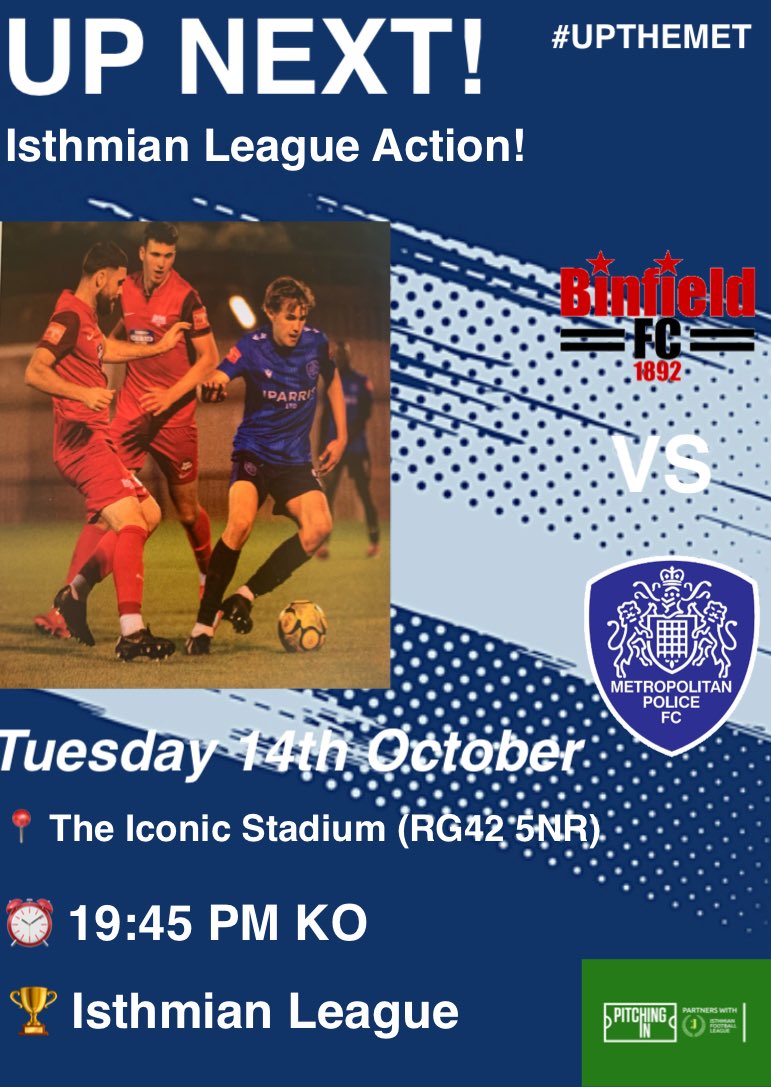 UP NEXT!
On Tuesday We Travel To ⁦⁦<a href="/Binfieldfc/">Binfield FC</a>⁩ 
📍The Iconic Stadium (RG42 5NR)
📆14/10/25
⏰19:45 PM KO
🏆⁦<a href="/IsthmianLeague/">The Pitching In Isthmian League</a>⁩
📸 Neil Kemp
#UPTHEMET 
⁦<a href="/NonLeaguePaper/">The Non-League Paper</a>⁩ 
⁦<a href="/NonLeagueCrowd/">Non League Crowds</a>⁩